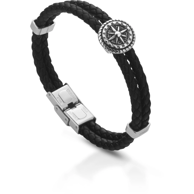 Simex-one Bracciale in pelle nero con rosa dei venti 12.A2662