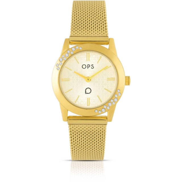 Ops Orologio analogico Ops in acciaio gold e cristalli OPSPW-853