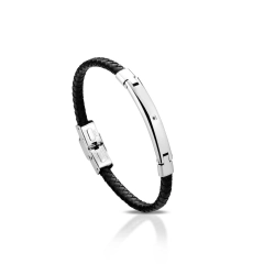 Simex-one Bracciale in pelle nera con piastrina in acciaio 12.A2334