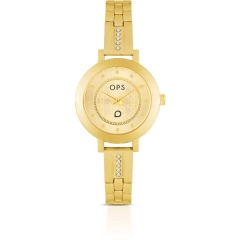 Ops Orologio analogico Ops in acciaio gold e cristalli OPSPW-862