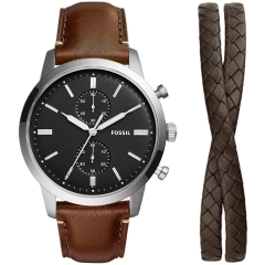 Fossil Set composto da cronografo Townsman con cinturino in pelle LiteHide™ marrone e bracciale